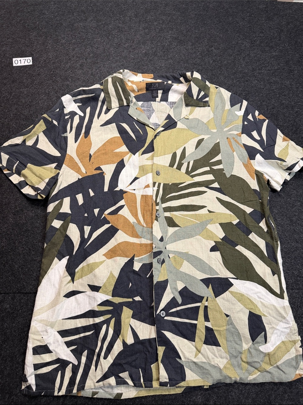 Magaschoni Men’s Short-Sleeve Tropical Button-Down — Olive, Black & Tan